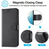A black leather phone case with magnetic closure, showing details of its front and back. Produktbild-Vorschau