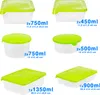 A collage of different sizes of clear plastic food storage containers with green lids, each labeled with its volume and dimensions. Anteprima dell’immagine prodotto