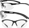 Three views of a pair of black and clear sports sunglasses. Produktbild-Vorschau