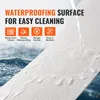 A close-up of a white wood-grain textured surface with water being poured on it, illustrating its waterproofing feature. Text overlays highlight product benefits. Produktbild-Vorschau