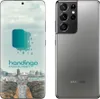 A Samsung Galaxy S21 Ultra 5G smartphone is shown from the front and back. The front display shows a city skyline with the 'handingo' logo and text. The back shows the camera array and the Samsung logo. Produktbild-Vorschau