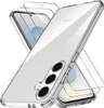 A clear phone case and screen protectors are displayed against a white background. Produktbild-Vorschau