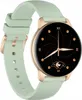 A close-up studio shot of a smartwatch with a light green band and a gold casing. Voir les images du produit