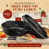 A close-up marketing image of cast iron cookware with text overlays and measurements. Voir les images du produit