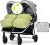 A twin stroller with two green footmuffs and a gray bag shown next to it. A circular graphic shows weather icons. Produktbild-Vorschau