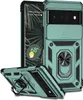 A teal Google Pixel 6 Pro phone case with a sliding camera cover and a ring holder is shown from multiple angles. Produktbild-Vorschau