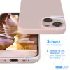A pink iPhone 13 Mini case is shown with a close-up of the camera and bottom edge, highlighting protective features. Produktbild-Vorschau