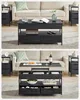Two images showing a dark gray lift-top coffee table with drawers and storage, styled in a living room setting with a couch and side tables. Náhled obrázku produktu