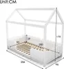 A white wooden house-shaped bed frame with dimensions indicated by measurement lines and numbers. Produktbild-Vorschau