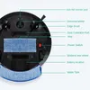 The underside of a black robot vacuum cleaner with blue mop pads and labels pointing out its features. Náhled obrázku produktu