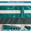A collage of images showing details of dark green velvet curtains, including a size measurement, a pocket for a rod, and how they hang on rings. Produktbild-Vorschau