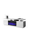 A modern white TV stand with a black fireplace insert featuring blue flames. Anteprima dell’immagine prodotto