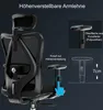 A close-up view of an ergonomic office chair, highlighting adjustable armrests and a mesh back. Voir les images du produit