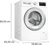 A white Bosch washing machine with dimensions indicated by measurement lines and text. Produktbild-Vorschau