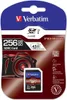The image shows the retail packaging of a Verbatim 256GB SDXC card, featuring a graphic of a camera and product details. Produktbild-Vorschau