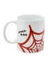 A white ceramic mug with a red Spiderman web design and text. Produktbild-Vorschau