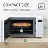 A white microwave oven with its door open, showing a pizza inside and dimensions indicated by text and lines. Produktbild-Vorschau