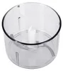 A clear plastic food processor bowl with a silver blade and white central stem. Produktbild-Vorschau