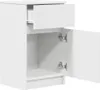 A white bedside table with one drawer and one door open, showing the interior. Podgląd zdjęcia produktu
