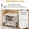 A bathroom vanity with a sink and faucet, showing storage space and dimensions. Text highlights design and storage features. Voir les images du produit