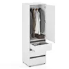 A white wardrobe with its doors open, showing clothes hanging inside and drawers pulled out. Produktbild-Vorschau