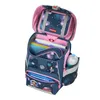 An open school backpack with various school supplies inside, including folders, a pencil case, and a water bottle. Náhled obrázku produktu
