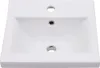 A white ceramic sink with two holes for faucets and a drain. Produktbild-Vorschau