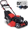 A lawnmower with batteries and charger shown in a studio setting. Produktbild-Vorschau