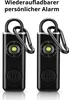 Two black personal alarms with carabiner clips and LED lights are displayed against a white background. Produktbild-Vorschau
