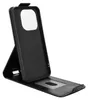 A black flip case for a smartphone, shown in an open position, propped up to act as a stand. Produktbild-Vorschau