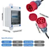 A product shot of a digital power meter and industrial plugs with specifications listed below. Produktbild-Vorschau