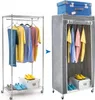 A comparison of a metal garment rack with clothes and shoes, and a fabric wardrobe with clothes and shoes, suggesting a transformation or upgrade. Anteprima dell’immagine prodotto