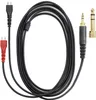 A black audio cable with two different connectors on one end and two different audio jacks on the other end, laid out on a white background. Voir les images du produit