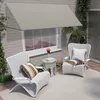 A patio scene with two chairs, a small table, and a retractable awning over a window. Náhľad obrázku produktu