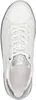 A top-down view of a white sneaker with silver accents.