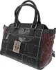 A black and burgundy handbag with a cartoon cat emblem and white line drawings. Produktbild-Vorschau