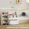 A white children's bookshelf filled with toys and books, with callouts highlighting features like open shelves and wheels. Produktbild-Vorschau