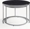 A set of two round nesting coffee tables with black marble-effect tops and silver metal frames, presented on a white background. Voir les images du produit