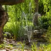A solar-powered water pump with a sprinkler attachment is operating in a garden pond, surrounded by lush greenery and rocks. Produktbild-Vorschau