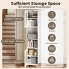 A tall, slim white cabinet is shown in a room with stairs in the background. Icons and text on the right side of the image illustrate storage possibilities. Produktbild-Vorschau