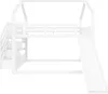 A white bunk bed with a slide and stairs against a white background. Náhled obrázku produktu