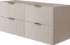 A modern, wall-mounted bathroom vanity with a fluted front and two drawers on each side.