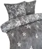 A close-up view of a gray bedding set with a star and stripe pattern, including pillows and a rolled-up duvet. Produktbild-Vorschau