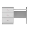 A white desk with three drawers and a gray panel on the right side. Produktbild-Vorschau