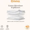 A stack of white pillows with blue trim, presented with marketing text and icons. Produktbild-Vorschau