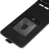 A close-up view of an open black flip case for a smartphone, showing the interior with a transparent window and a card slot. Produktbild-Vorschau