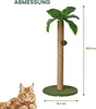 A cat scratching post designed to look like a palm tree, with a cat in the lower left corner. Dimensions are shown. Podgląd zdjęcia produktu
