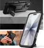 Collage of images showing a black phone case with a kickstand and a ring holder. Produktbild-Vorschau