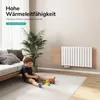 A child is playing on the floor in front of a couch, with a radiator mounted on the wall in the background. Produktbild-Vorschau
