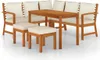 A wooden garden dining set with cream cushions, including a sectional sofa and two stools, arranged around a coffee table. Náhľad obrázku produktu